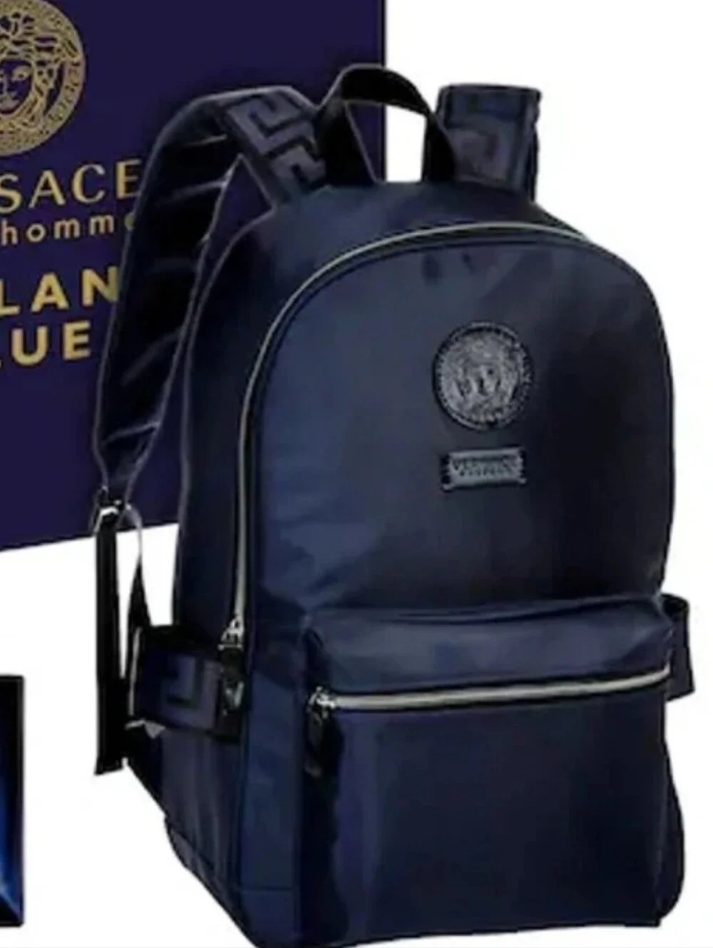 VERSACE Backpack, Blue Nylon, Exclusive Greek Key Shoulder Handles
